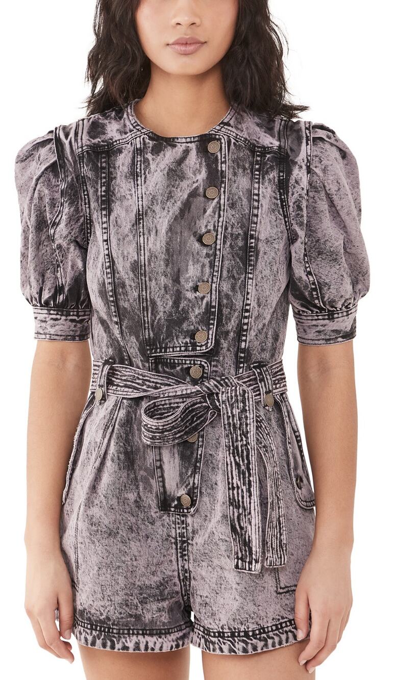 Ulla Johnson Carmine Denim Romper Womens 00 Lilac Acid Wash Puff Sleeve Belted